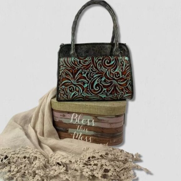 Patricia Nash Paris Satchel Handbag Twisted Rope Handle Leather Brown/Turquoise - Picture 2 of 4